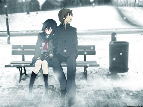 Anime Couple Sitting On A Bench In The Snow Anime Couples Anime