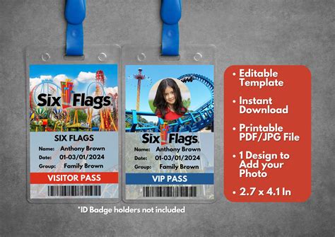 Editable Six Flags ID Badges Template, Printable Six Flags Visitor ID