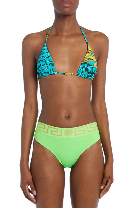 Versace Baroccodile Print Triangle Bikini Top Glacier Green Black