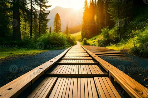 A Wooden Path Leading To The Sun In The Mountains AI Generated