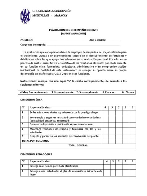 Formato Autoevaluación Del Desempeño Docente Evaluación Salón De Clases