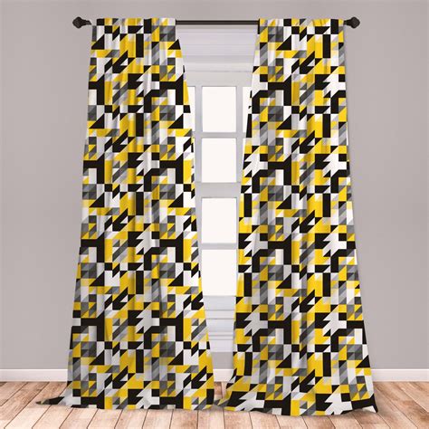 Yellow And White Curtains 2 Panels Set Geometric Design With Triangles