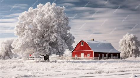 Premium AI Image | A snowy landscape with a red barn and a decorated ...