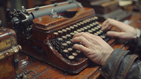 A Person Sitting At A Desk Typing On An Old Fashioned Typewriter With