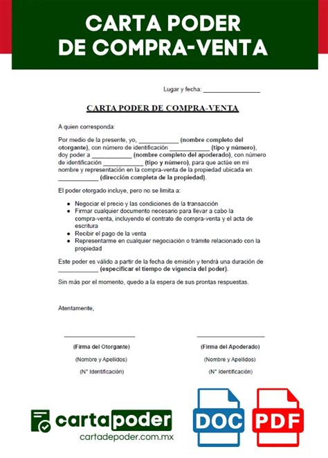 ᐅ Carta Poder de Compra Venta Ejemplos DOC PDF