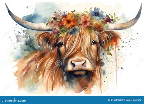 Watercolor Scottish Highland Cow Beautiful Highland Cow With Flowers On Her Head Floral