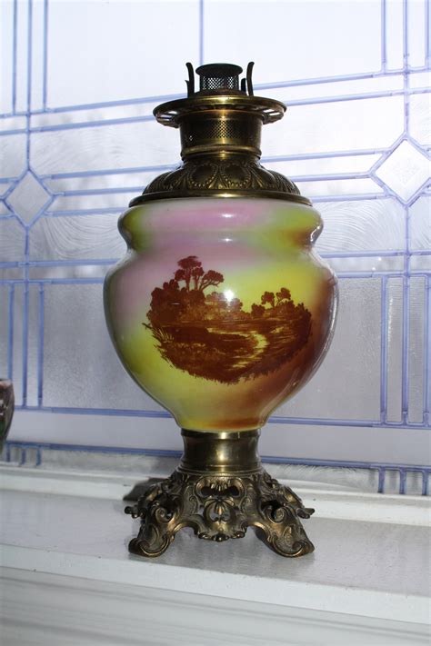 Antique Victorian Oil Lamp S Glass Brass With Country Scene