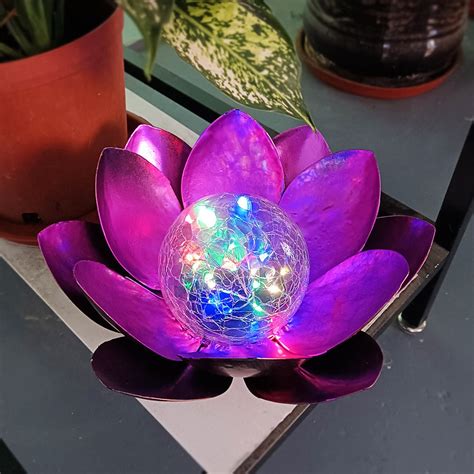 Metal Lotus Flower Crackle Glass Globe Solar LED Colorful Light