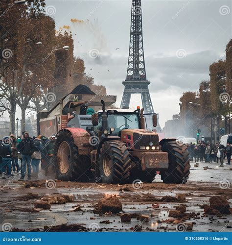 Farmers Protest With Tractors On The Streets Of Cities In France Stock