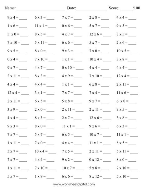 10 Printable Math Drills Multiplication Timetable 0 To 12 Practice