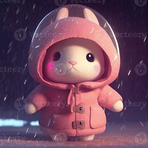 Little Cute Rabbit With Pink Wearing Red Sweater Clothes With A Hood