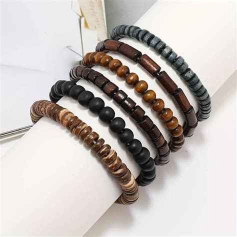 Pcs Set Mens Brown Black Beaded Vintage Wooden Wristband Bangle