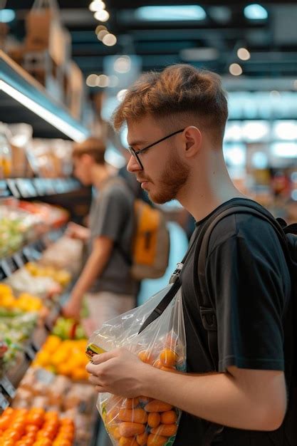 Premium Photo A Man In A Grocery Store Looking At Oranges