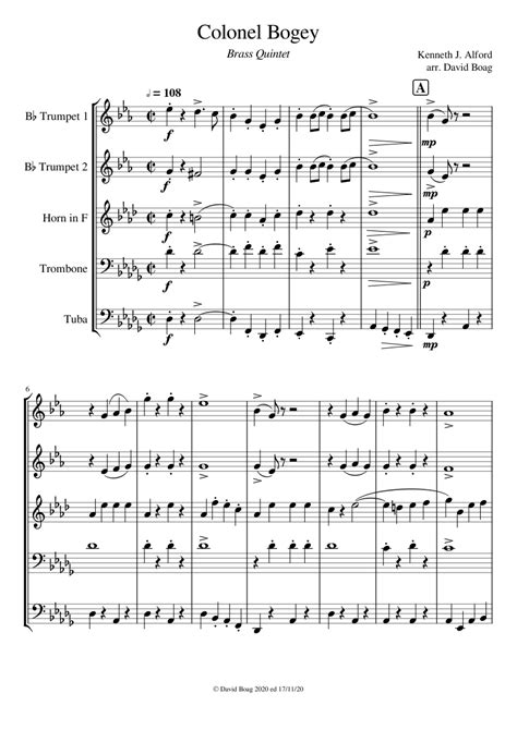 Colonel Bogey Brass Quintet Sheet Music For Trombone Tuba Trumpet In