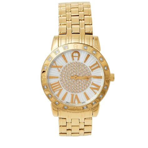 Aigner Mother Of Pearl Gold Tone Stainless Steel Diamond Cortina A26300