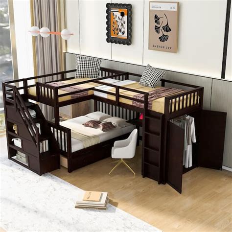 Harper And Bright Designs L Shaped Espresso Twin Twin Over Full Bunk Bed With Built In Storage