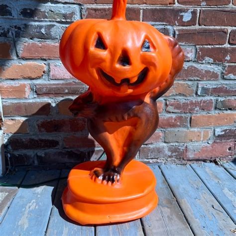 Vintage Plastic Blow Mold Pumpkin Black Cat Halloween Trick Or Etsy