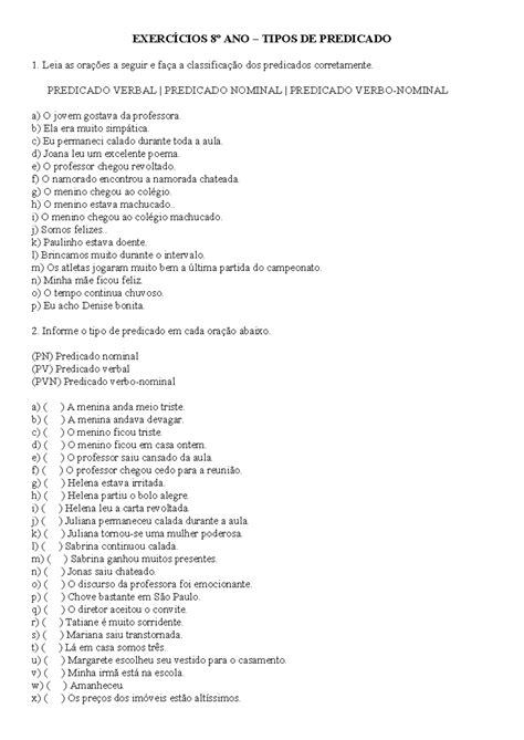 Tipos De Predicado Exercícios 8 Ano