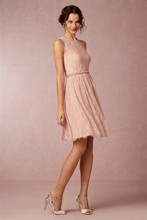 Lovely Pink Knee Length Short Champagne Pale Pink Lace Bridesmaid