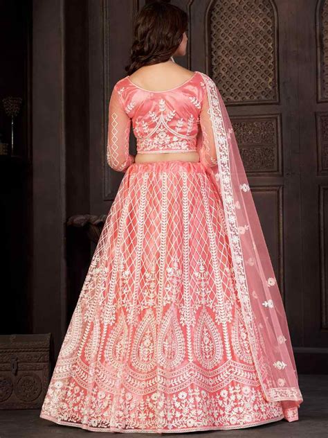 Peach Net Embroidered Reception Wedding Heavy Border Lehenga Choli