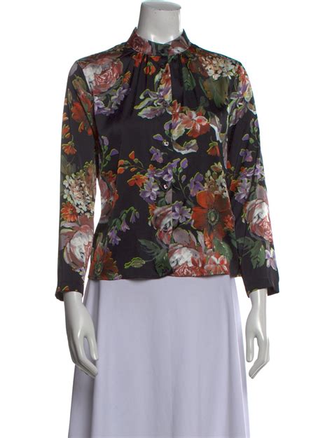 St John Floral Print Turtleneck Blouse Grey Tops Clothing