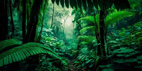 Lush Green Foliage In A Tropical Rainforest Generative Ai Stock