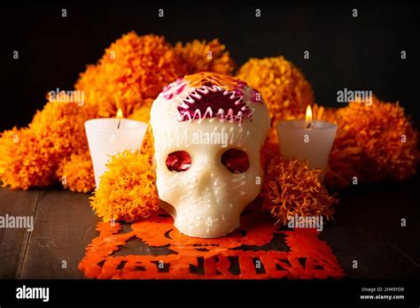 Sugar Skull With Cempasuchil Flowers Or Marigold And Papel Picado Decoration Traditionally Used