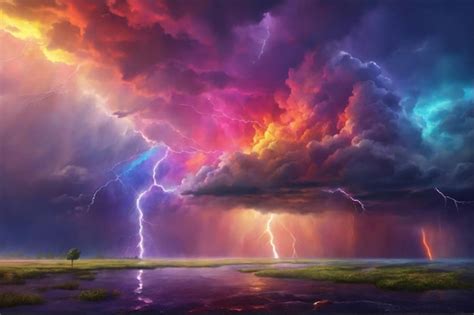 Premium AI Image Rainbow Thunderstorm Background Colorful Stormy Sky