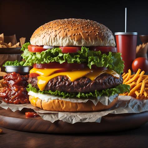 Una Hamburguesa Grande Se Sienta En Una Bandeja Con Papas Fritas Y Una