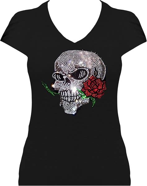 Skull Shirt Damen Totenkopf Mit Rose Elegantes Damen Strass Shirt