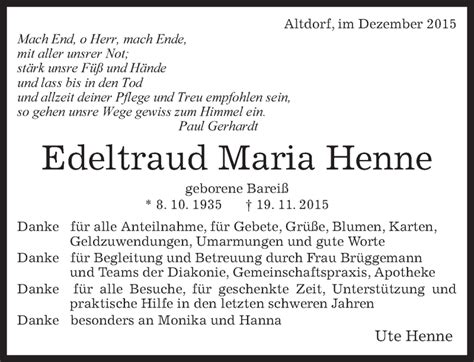 Traueranzeigen Von Edeltraud Maria Henne Kreiszeitung B Blinger Bote