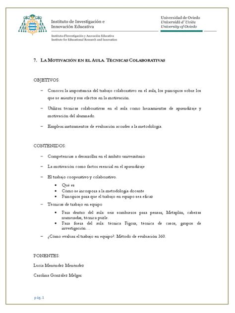 La Motivación En El Aula Técnicas Colaborativas Pdf Salón De Clases Maestros