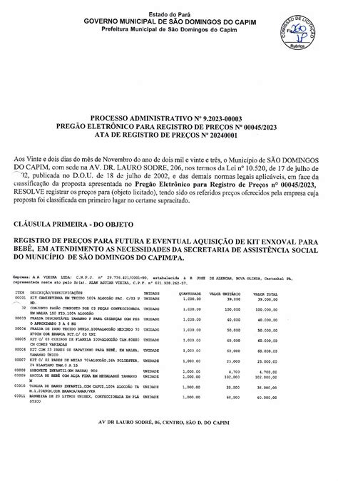 Ata De Registro De Pre Os Prefeitura Municipal De S O Domingos Do Capim