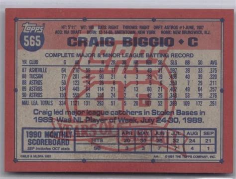 1991 TOPPS 565 Craig Biggio Houston Astros Carte De Baseball HOF EUR 2