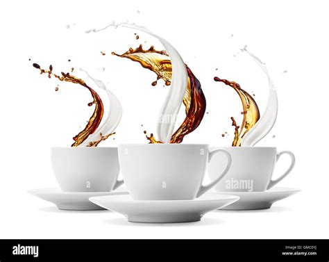 Three Cups Of Coffee And Milk Splashing Stock Photo Alamy