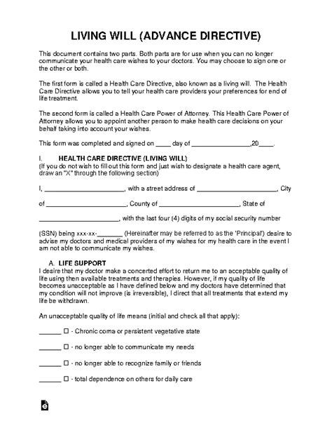 Living Will Advance Directive Template Pdfsimpli