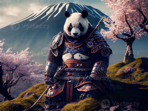 Panda Samurai And Cherry Blossoms On The Mountain Stock Photo