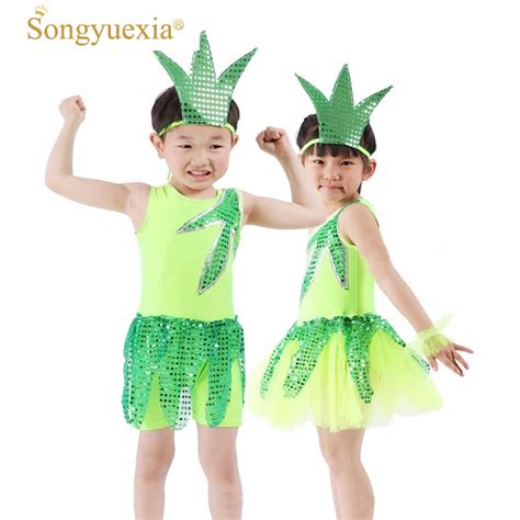 Children Green Tree Sapling Dance Costumes Green Dance Sequins Skirt