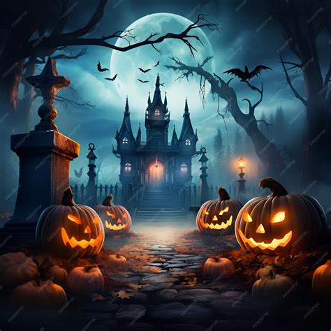 Halloween scene horror background with creepy pumpkins of spooky halloween haunted mansion Evil ...