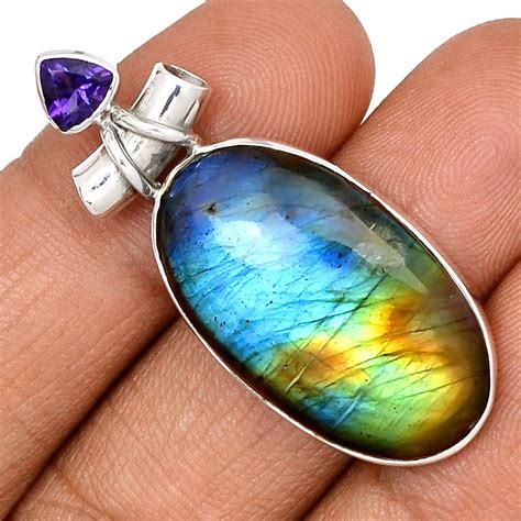 Pendentif protection labradorite et améthyste monture argent 925 ref 5448