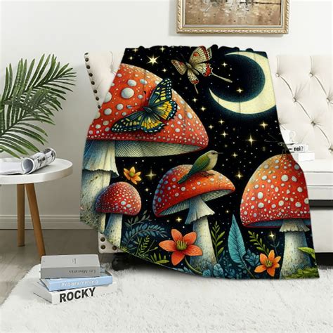 COMIO Dark Mushroom Moon Birds Floral Blanket For Women Men Spring