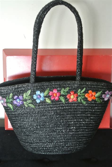 black straw bag  flowers real cute  bags straw baskets