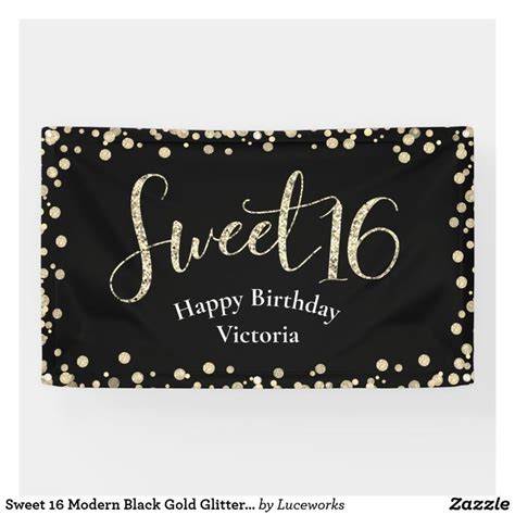 Sweet 16 Modern Black Gold Glitter Girly Birthday Banner | Zazzle ...