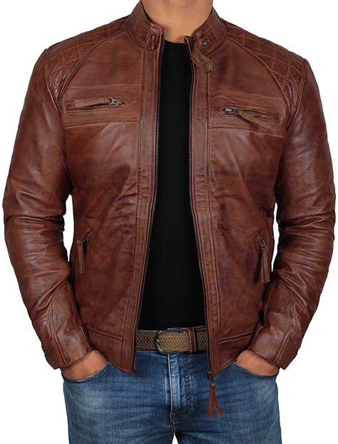 brown leather jacket mens cafe racer real lambskin leather distressed