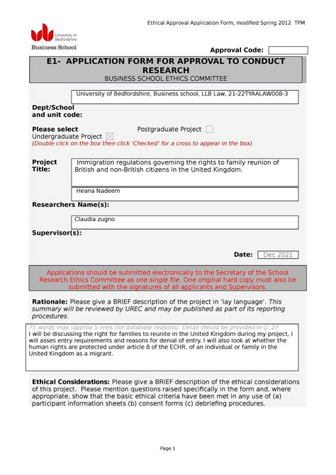 Ethics Form Template 2021 22 Approval Code E1 Application Form For