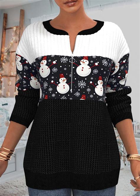 Rotita Patchwork Snowman Print Black Christmas Round Neck Sweatshirt