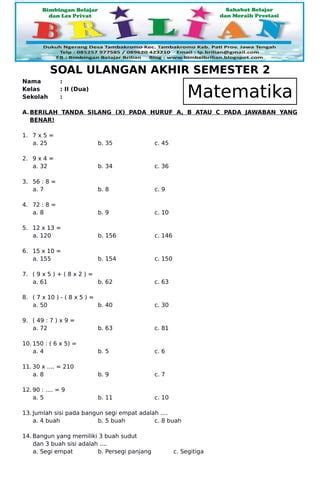 Soal Uas Matematika Kelas 2 Sd Semester 2 Dan Kunci Jawaban PDF