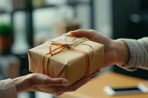 Close Up Of A Hand Giving A Gift Box Giving And Receiving At Office