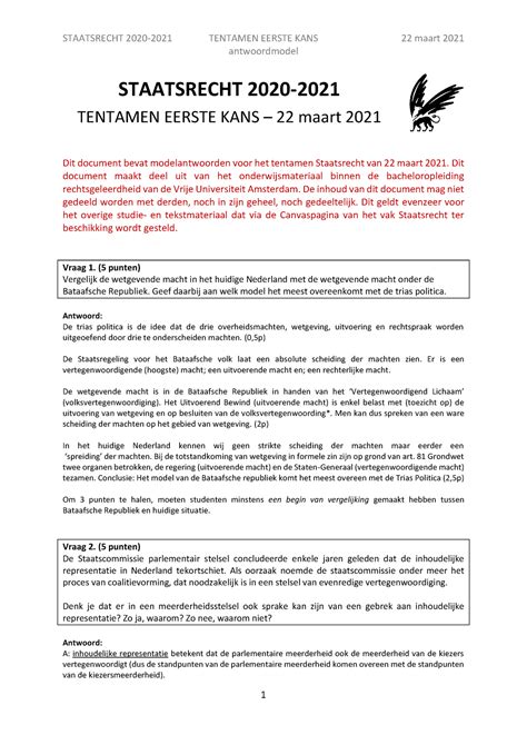 Voorbeeldtentamen Staatsrecht Antwoordmodel