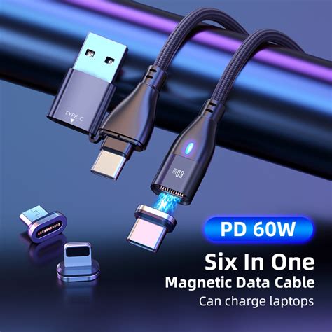 Magnetic Data Cable Pd 60w Fast Charging Cable Led Light